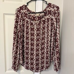 Lucky Brand Burgundy and Cream Patterned Blouse Western Boho Style